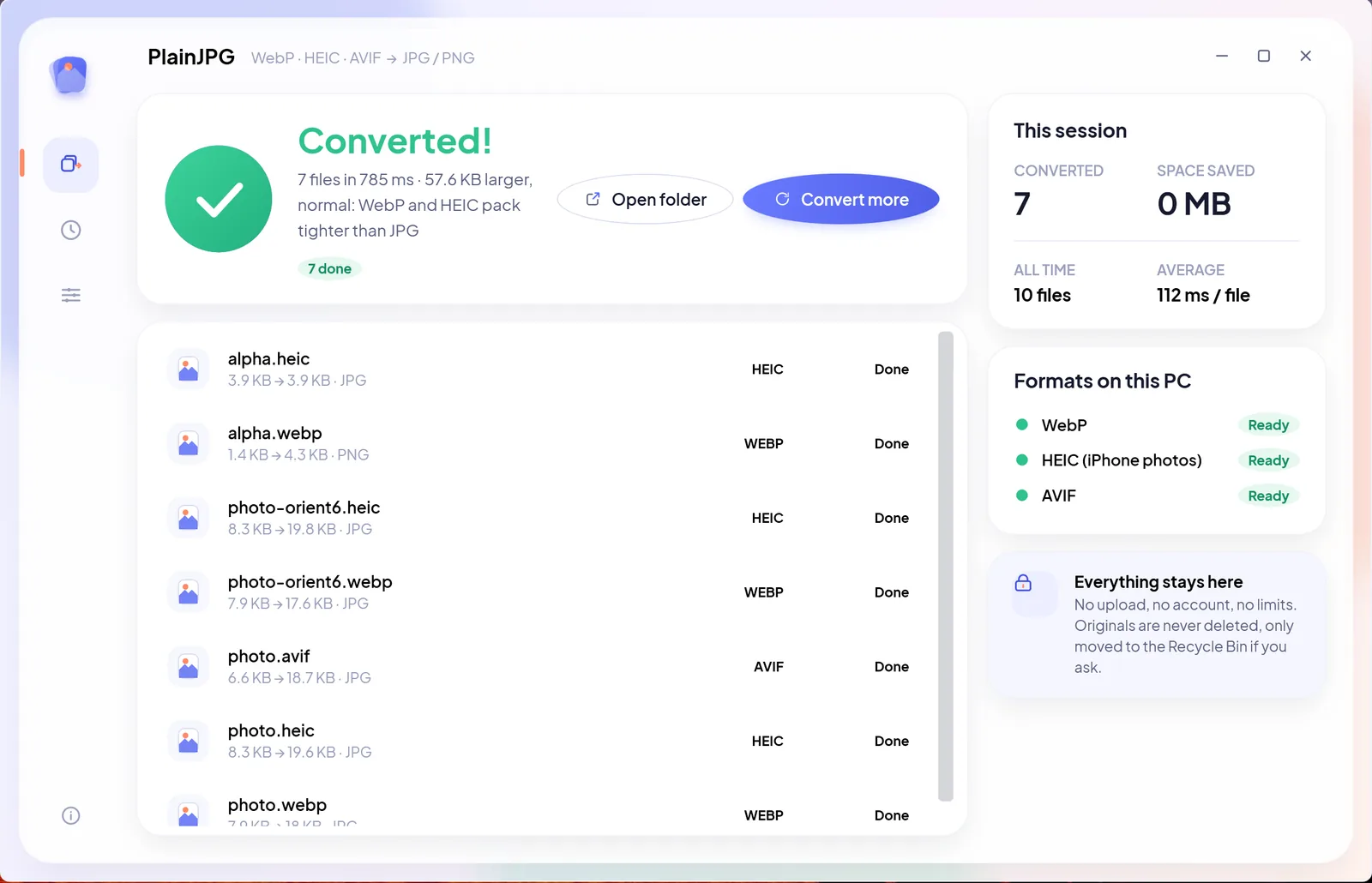PlainJPG after converting a batch: the Converted headline, each file with its new JPG name and size, and the Convert more button