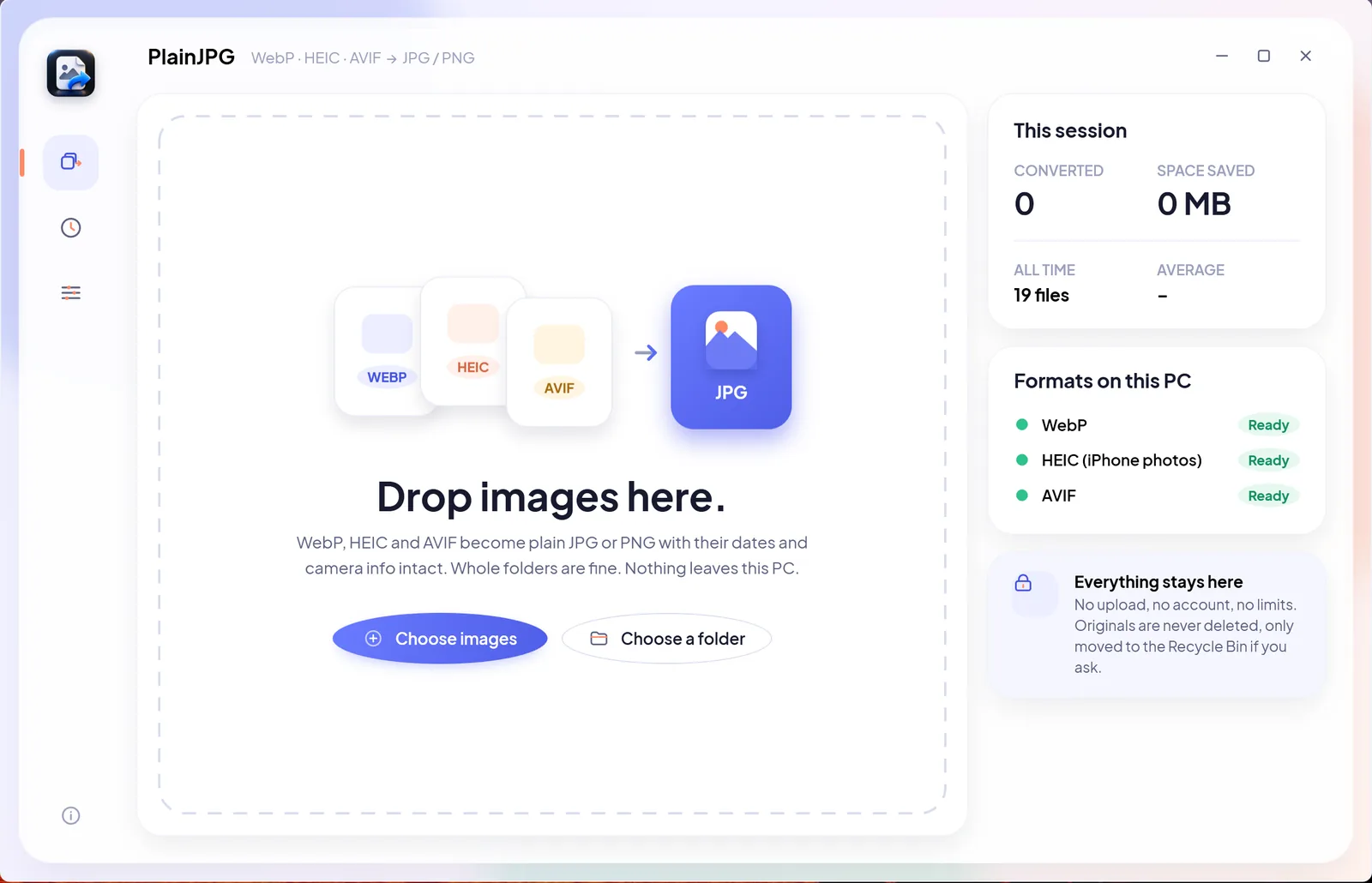 PlainJPG's drop zone on Windows: WebP, HEIC and AVIF become JPG or PNG